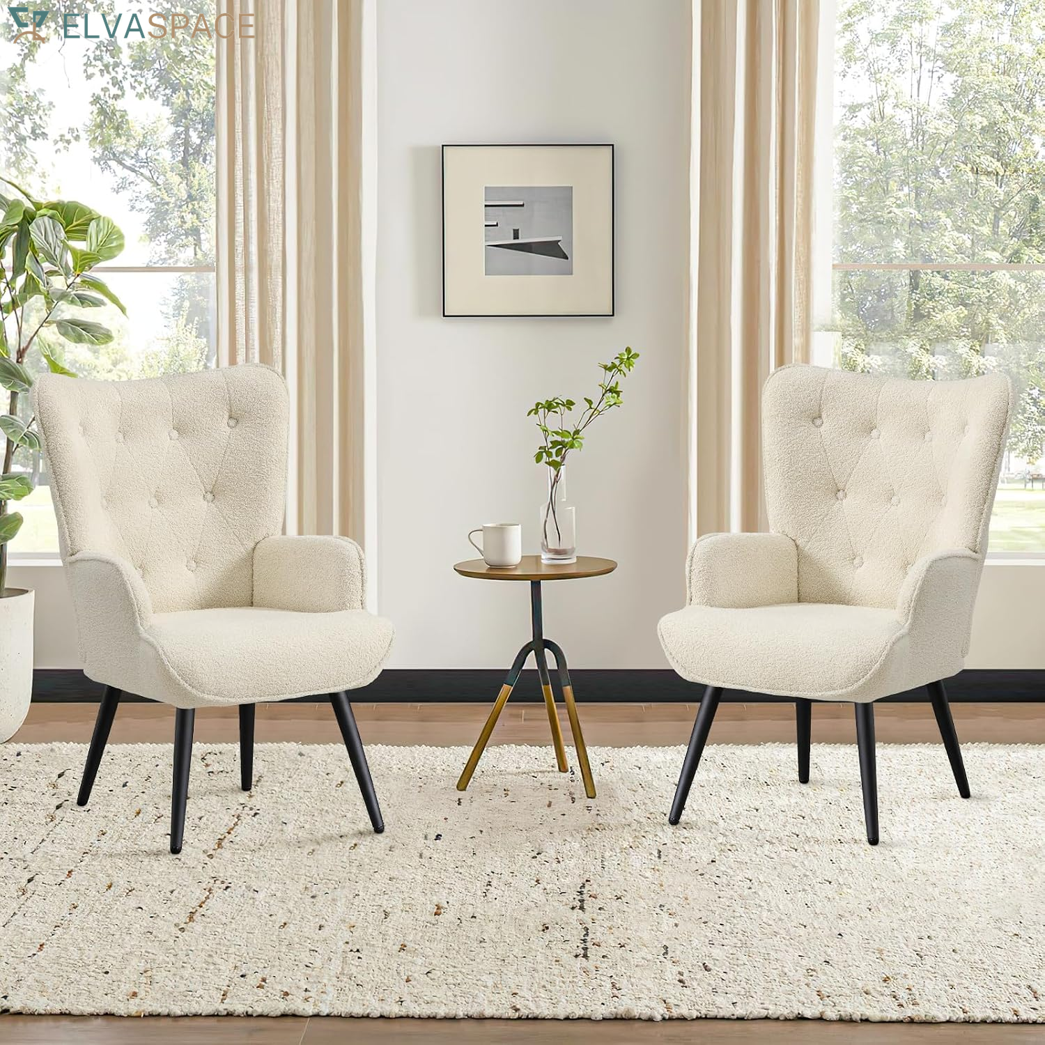 Boucle Accent Chair for Living Room, Upholstered Reading Chair with High Backrest, Tufted-Button Wingback Armchair for Bedroom, Dressing Room, Home Office, Ivory White