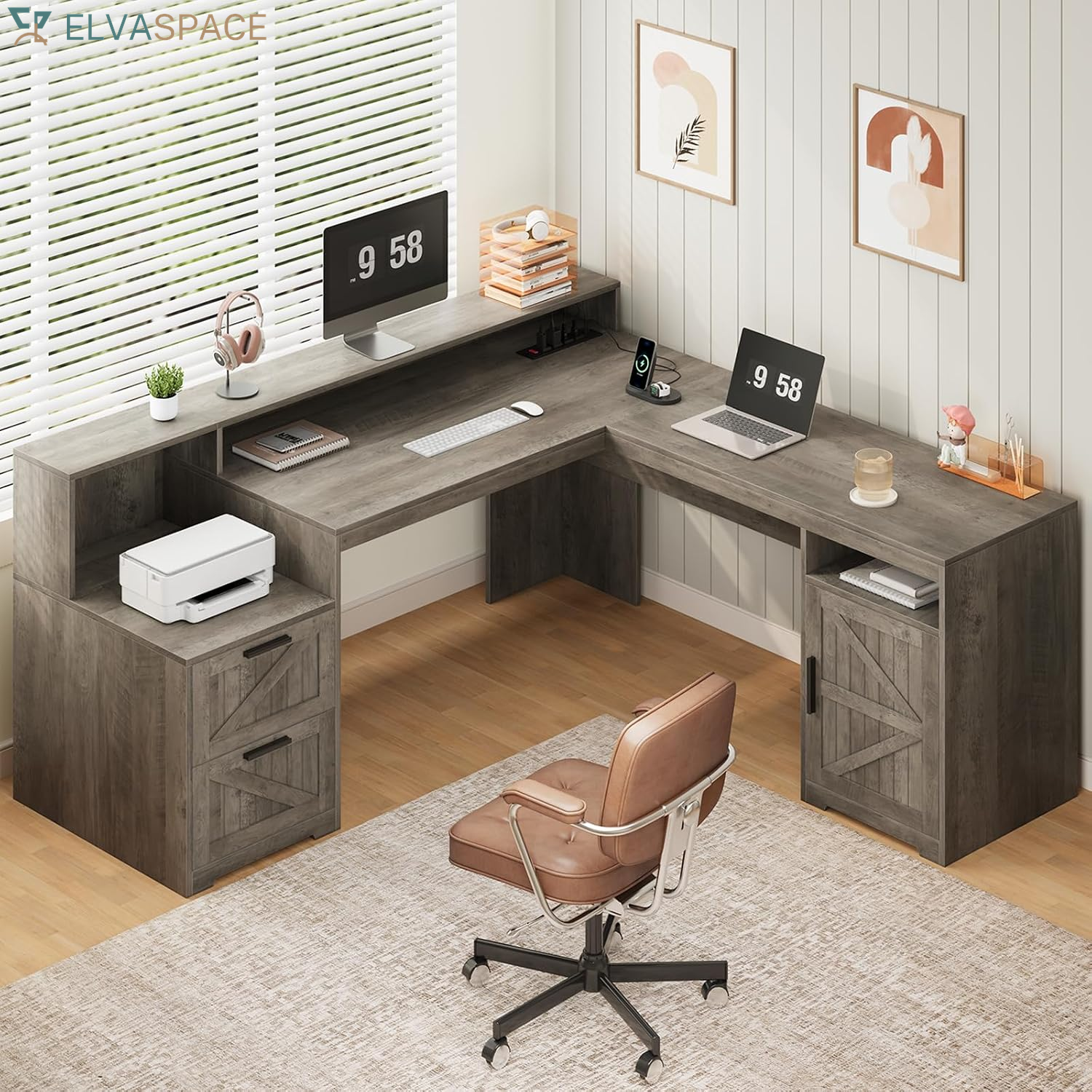 63" Farmhouse L Shaped Executive Desk with Drawers & Storage Shelf, Corner Fluted Computer Desk with Power Outlets, L Shaped Office Desk with Monitor Stand, Printer Shelf