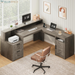 63" Farmhouse L Shaped Executive Desk with Drawers & Storage Shelf, Corner Fluted Computer Desk with Power Outlets, L Shaped Office Desk with Monitor Stand, Printer Shelf
