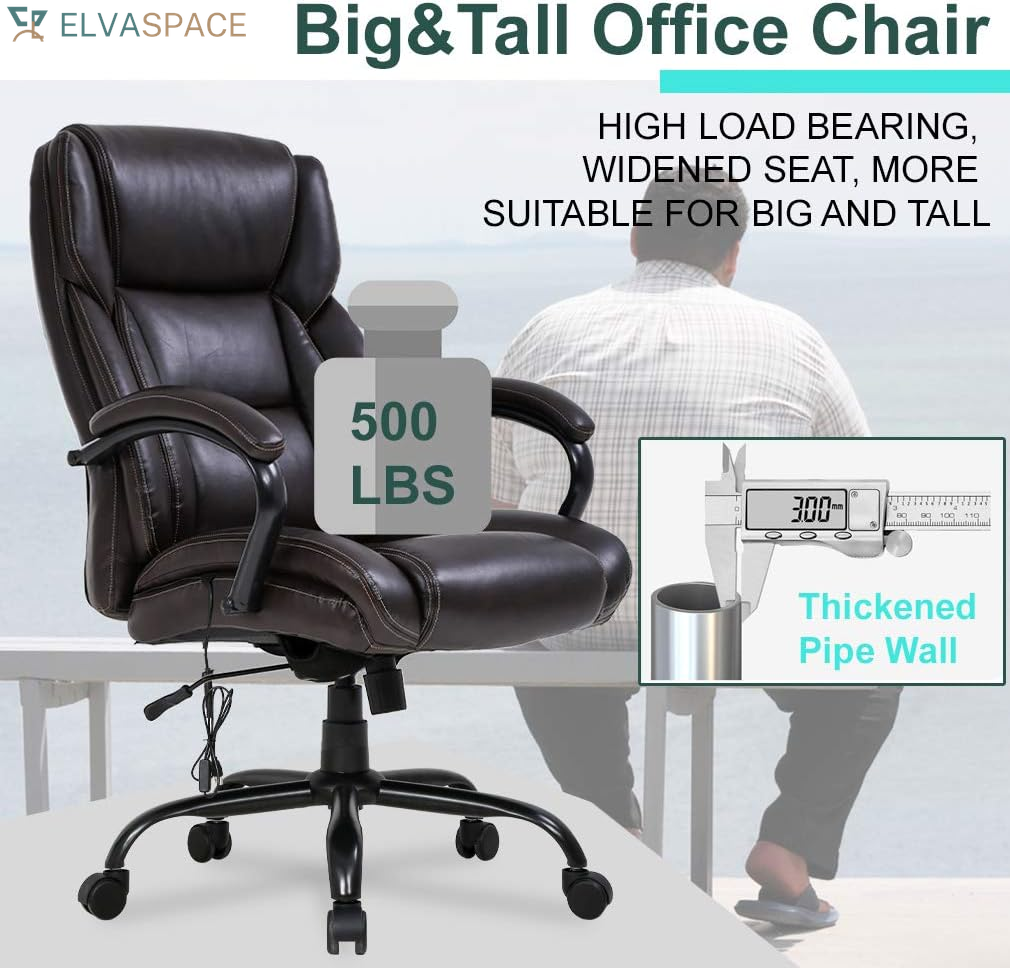 Big and Tall Office Chair 500Lb Wide Seat Massage Desk Chair Ergonomic Computer Chair with Headrest Lumbar Support Armrest Rolling Swivel Chair Adjustable PU Leather Task Chair for Adults Women(Brown)
