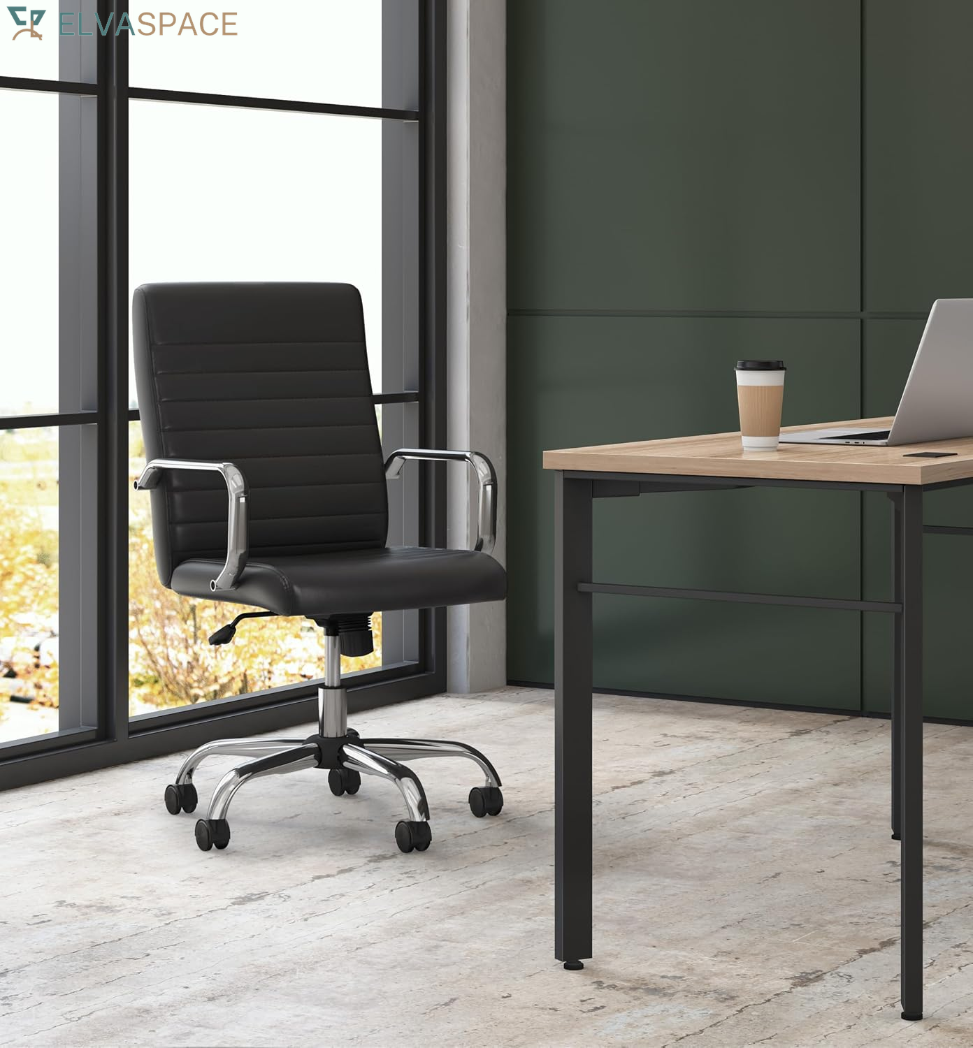 Sadie Executive Ergonomic Office Chair with Leather Upholstery, Chrome Arms and Back Support, Mid Back Desk and Computer Chair for Home Office or Conference Room, 360 Swivel, Black
