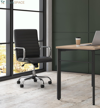Sadie Executive Ergonomic Office Chair with Leather Upholstery, Chrome Arms and Back Support, Mid Back Desk and Computer Chair for Home Office or Conference Room, 360 Swivel, Black